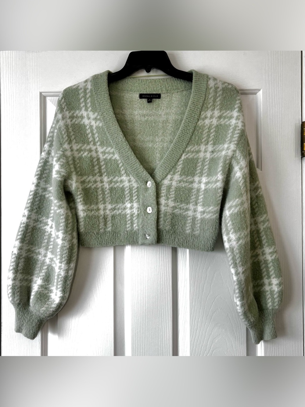 Kendall & Kylie Sage Green and White Plaid Cropped V-Neck Preppy Cardigan